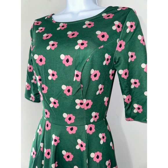 Unique Vintage GB Fit and Flare Dress XS‎ Floral Green Pink Flower Power - Picture 2 of 6